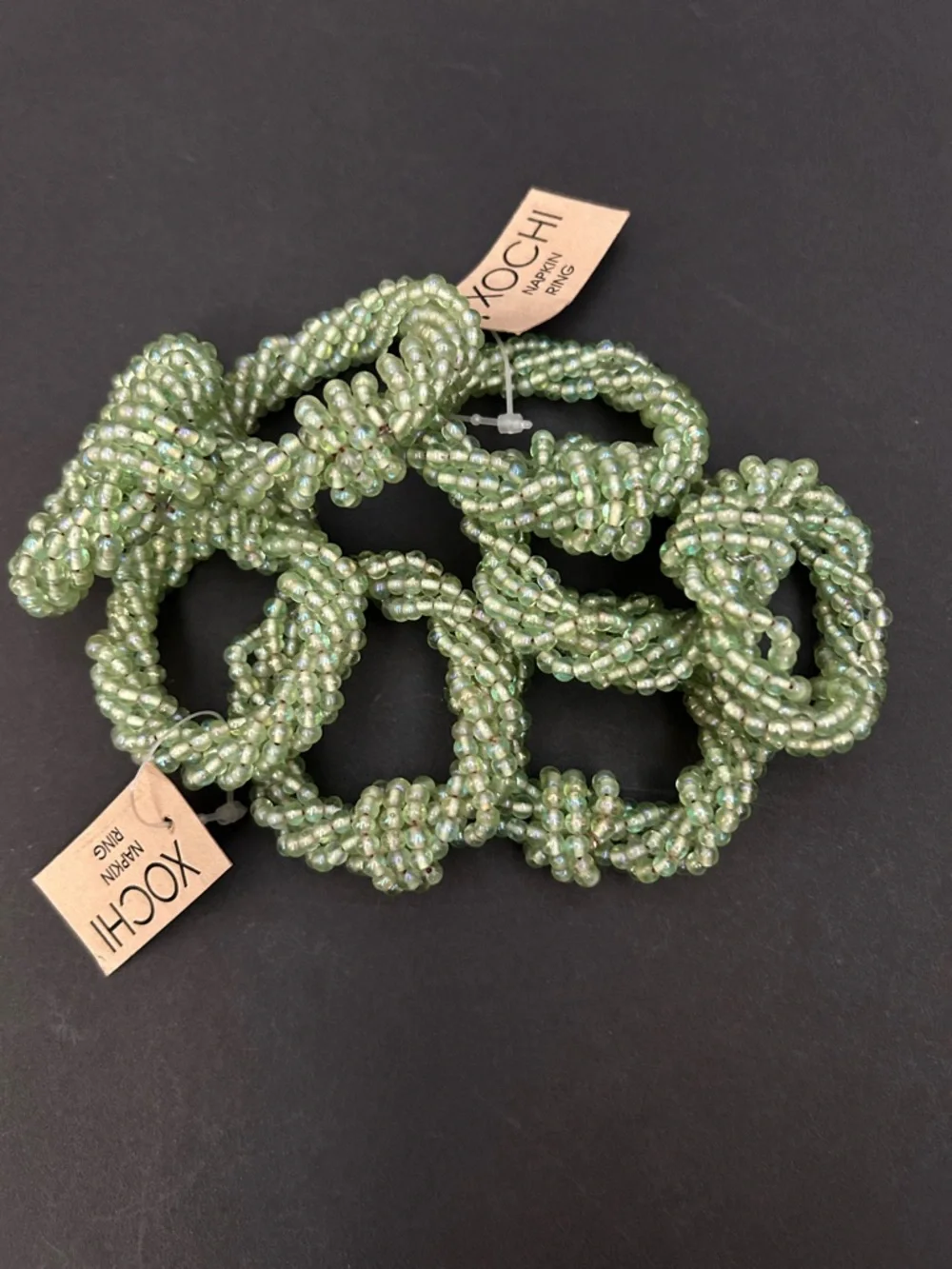 Xochi Green Glass Beaded Napkin Rings, Set of Eight